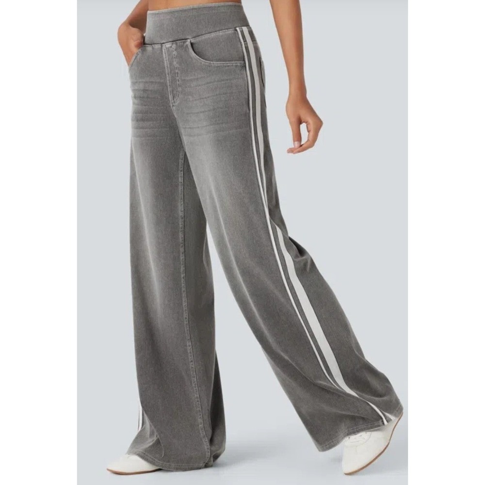 Halara Flex High Waisted Stripe Wide Leg Denim light Gray wash Baggy XS Regular
